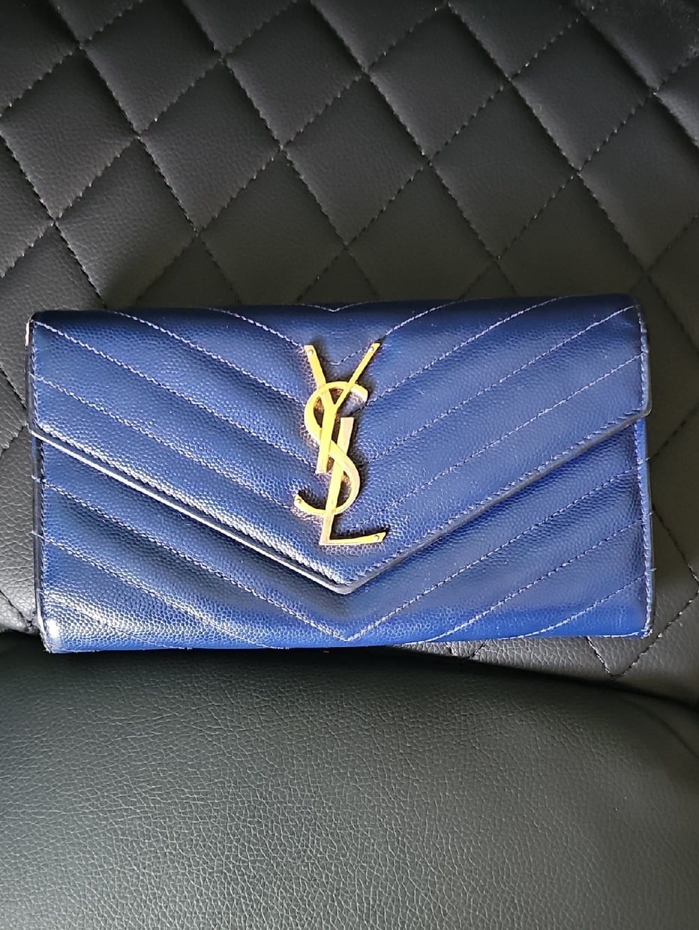 Saint Laurent Navy Quilted Leather Envelope Wallet with Gold YSL
